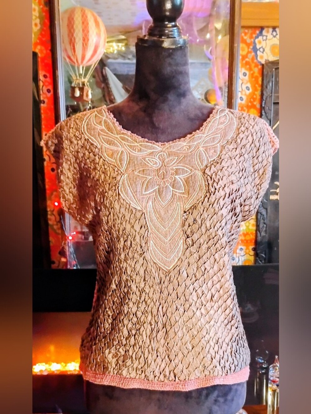 Vintage Bohemian India Day Trip Soft Woven Embroidered Short Sleeve Top - Pink